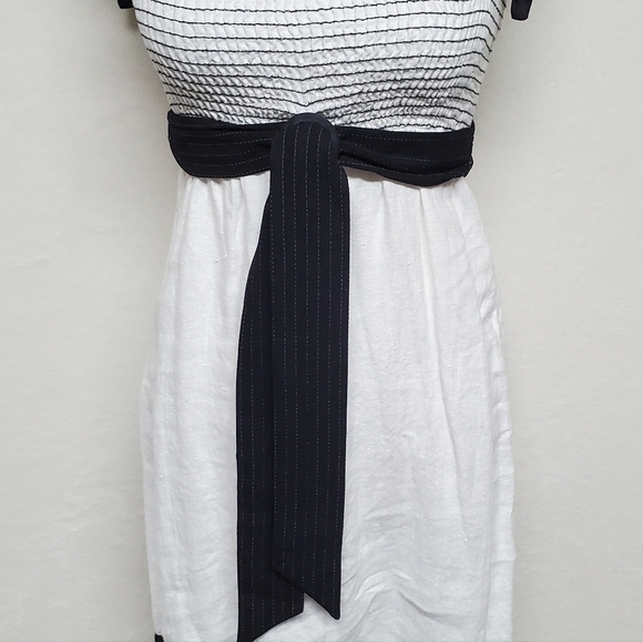 Vintage BEBE Black Silk White Linen Smocked Tie Shoulder Mini Babydoll Dress XS - Picture 5 of 15